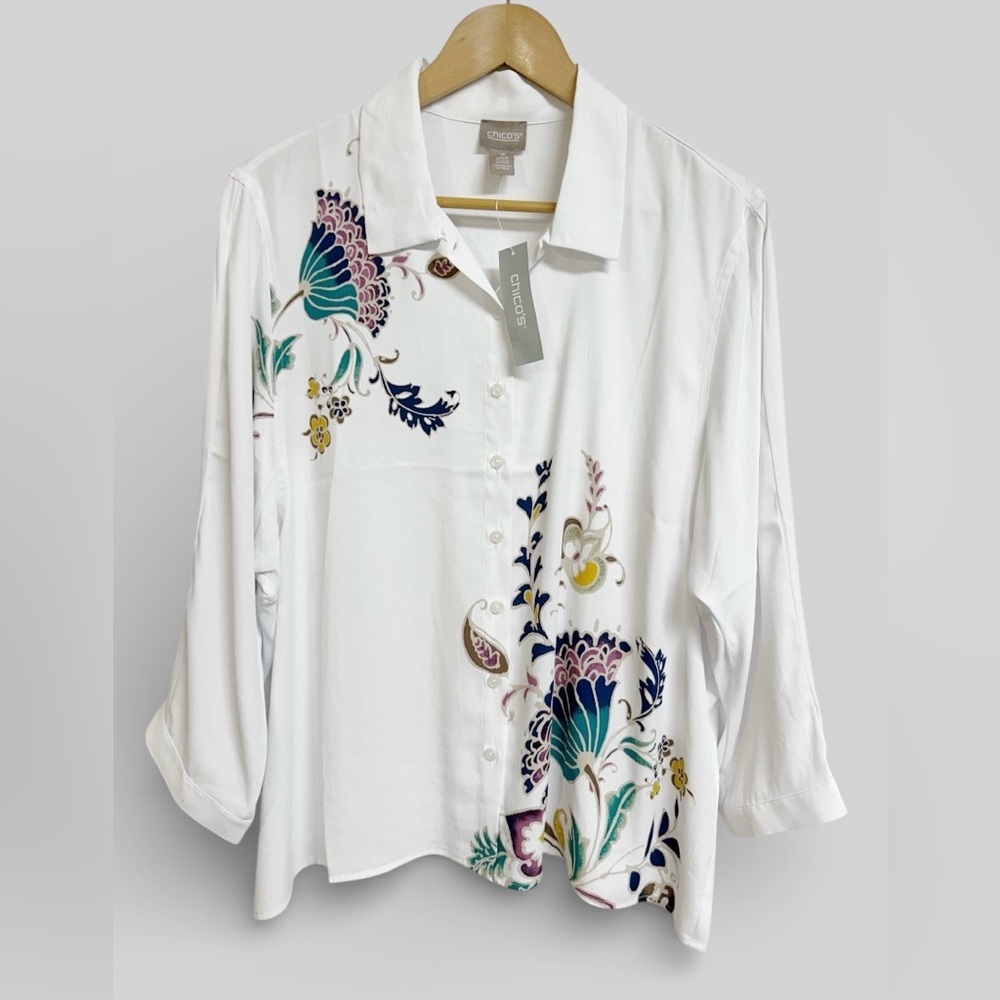 Chico’s White Whimsy Button Up Blouse 3/4 Sleeve Lightweight Sz 3 (XL) NWT - Picture 2 of 8